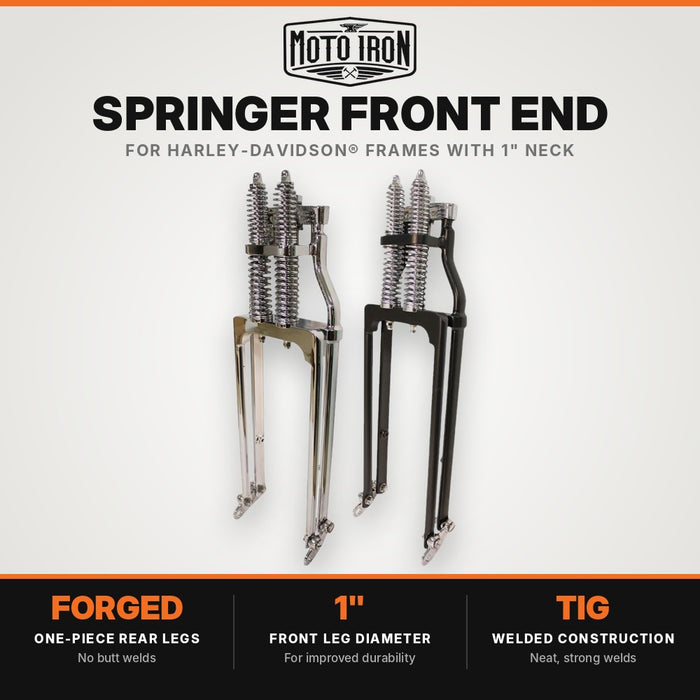 Two Moto Iron® Springer Front Ends for Harley-Davidson frames with 1" necks—one chrome, one black—are displayed side by side with a metal rod and two small parts. Ideal for custom Harley-Davidson springer setups.