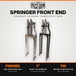 Two Moto Iron® Springer Front Ends for Harley-Davidson frames with 1" necks—one chrome, one black—are displayed side by side with a metal rod and two small parts. Ideal for custom Harley-Davidson springer setups.