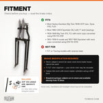 Two Moto Iron® Springer Front Ends for Harley-Davidson frames with 1" necks—one chrome, one black—are displayed side by side with a metal rod and two small parts. Ideal for custom Harley-Davidson springer setups.