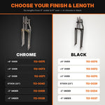 Two Moto Iron® Springer Front Ends for Harley-Davidson frames with 1" necks—one chrome, one black—are displayed side by side with a metal rod and two small parts. Ideal for custom Harley-Davidson springer setups.