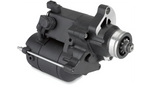 A close-up of a Moto Iron® Starter Motor for 2007-2017 Harley-Davidson Twin Cam and 2006 Dyna, showing its black metal and plastic components against a white background.