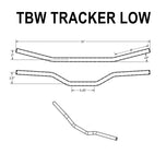 The TC Bros. 1" Tracker Low First Generation TBW Handlebar—Black features a slight rise and swept-back design, ideal for customizing Harley handlebars. Shown here against a white background.