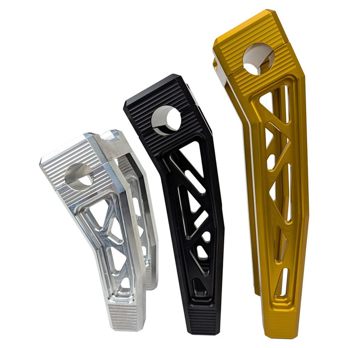 The TC Bros. Pro Series Pullback Truss Risers for Harley models by TC Bros. are CNC-machined, anodized metal handlebar risers available in gold, black, and silver. They feature a geometric design with visible bolts, perfect for Harley Davidson enthusiasts.