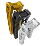 The TC Bros. Pro Series Pullback Truss Risers for Harley models by TC Bros. are CNC-machined, anodized metal handlebar risers available in gold, black, and silver. They feature a geometric design with visible bolts, perfect for Harley Davidson enthusiasts.