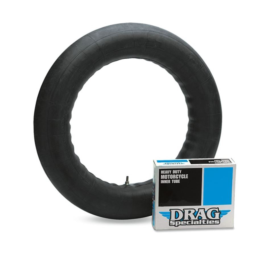 A black tire with a Drag Specialties 150/80-16 Inner Tube - Center Metal Valve next to it.