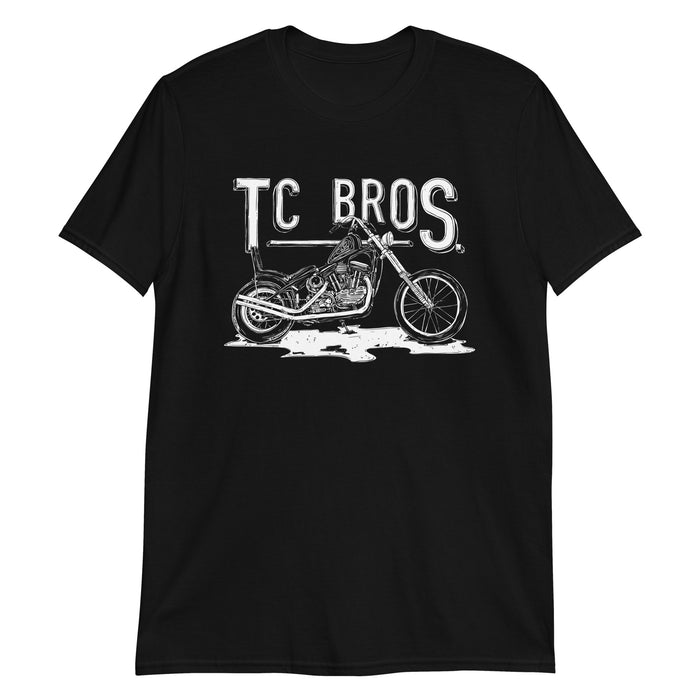 Graphic t-shirt design featuring a vintage motorcycle and the text &