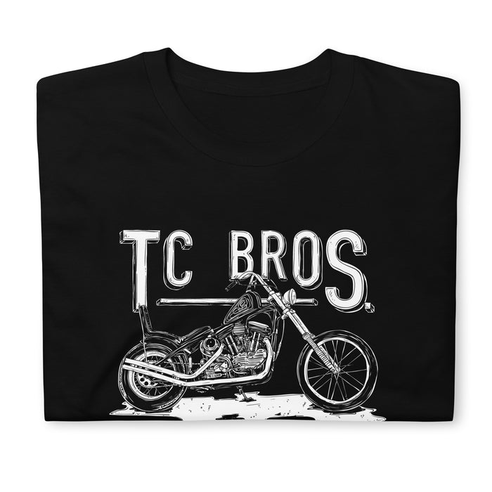 Graphic t-shirt design featuring a vintage motorcycle and the text &