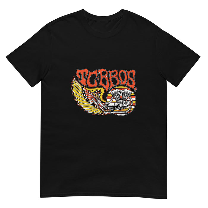 TC Bros. Wing Tee - Black, crafted from ring-spun cotton, with a graphic print featuring stylized wings, a motorcycle engine, and the text "turbos" in a flame-inspired font.