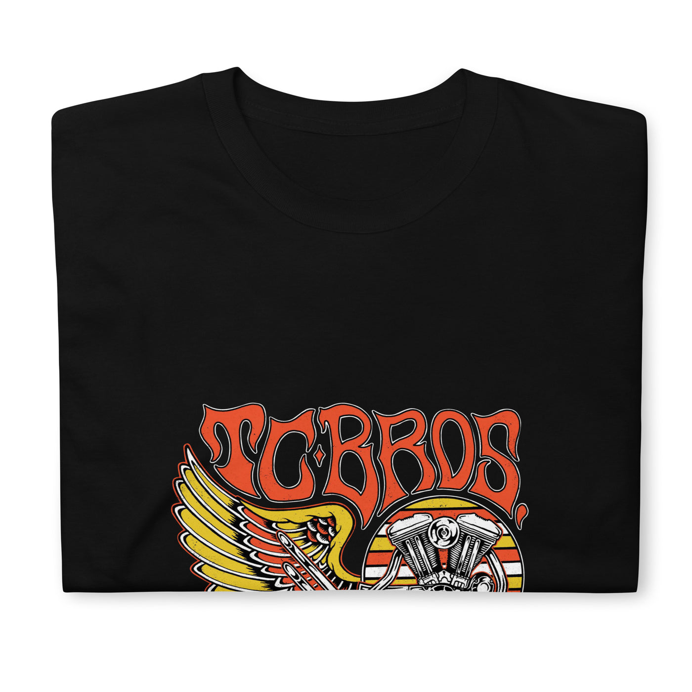 TC Bros. Wing Tee - Black, crafted from ring-spun cotton, with a graphic print featuring stylized wings, a motorcycle engine, and the text "turbos" in a flame-inspired font.