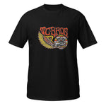 TC Bros. Wing Tee - Black, crafted from ring-spun cotton, with a graphic print featuring stylized wings, a motorcycle engine, and the text "turbos" in a flame-inspired font.