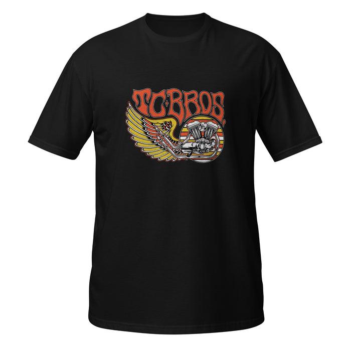 TC Bros. Wing Tee - Black, crafted from ring-spun cotton, with a graphic print featuring stylized wings, a motorcycle engine, and the text "turbos" in a flame-inspired font.