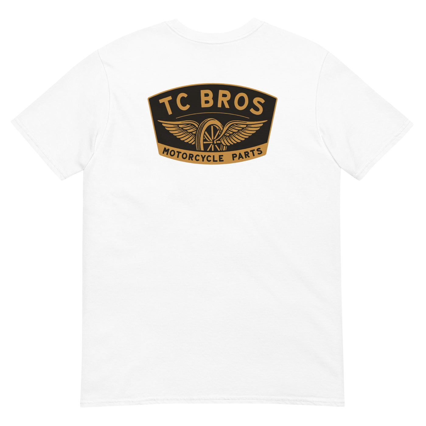 Winged Wheel - White Tee - (Front/Back Print), crafted from ring-spun cotton, featuring a small "TC Bros" logo on the left chest area.