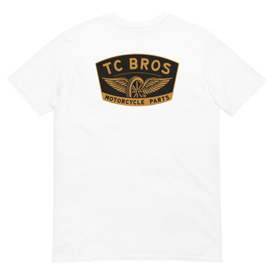 Winged Wheel - White Tee - (Front/Back Print), crafted from ring-spun cotton, featuring a small "TC Bros" logo on the left chest area.