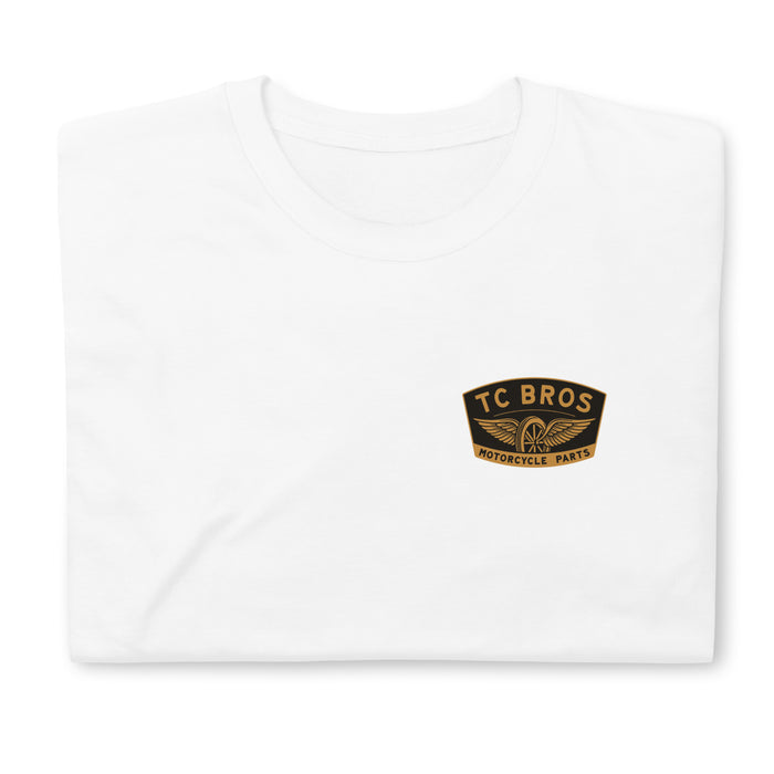 Winged Wheel - White Tee - (Front/Back Print), crafted from ring-spun cotton, featuring a small "TC Bros" logo on the left chest area.