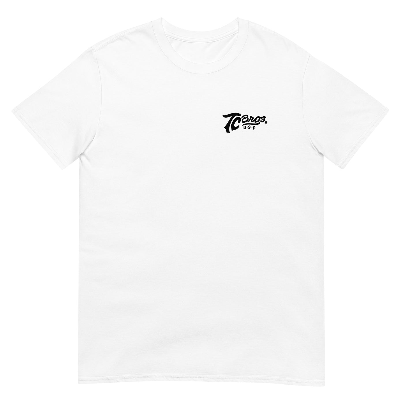 Script - White Tee from TC Bros. with black "70 years" text graphic printed on demand on the upper left chest area.