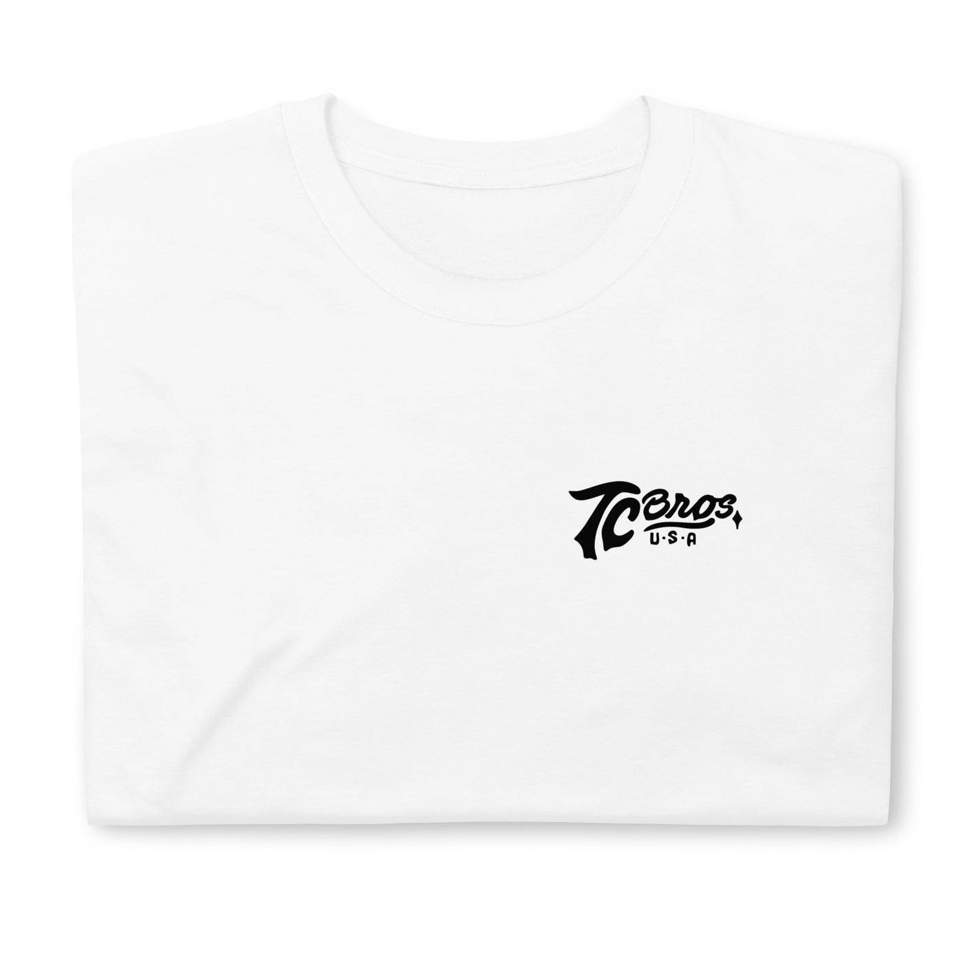 Script - White Tee from TC Bros. with black "70 years" text graphic printed on demand on the upper left chest area.