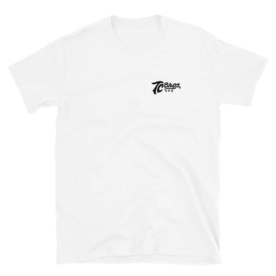 Script - White Tee from TC Bros. with black "70 years" text graphic printed on demand on the upper left chest area.