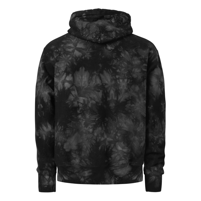 A black and gray camouflage patterned TC Bros. tie-dye hoodie with a yellow logo on the left chest.