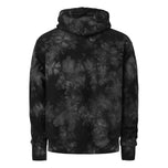 A black and gray camouflage patterned TC Bros. tie-dye hoodie with a yellow logo on the left chest.
