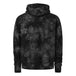A black and gray camouflage patterned TC Bros. tie-dye hoodie with a yellow logo on the left chest.