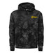 A black and gray camouflage patterned TC Bros. tie-dye hoodie with a yellow logo on the left chest.