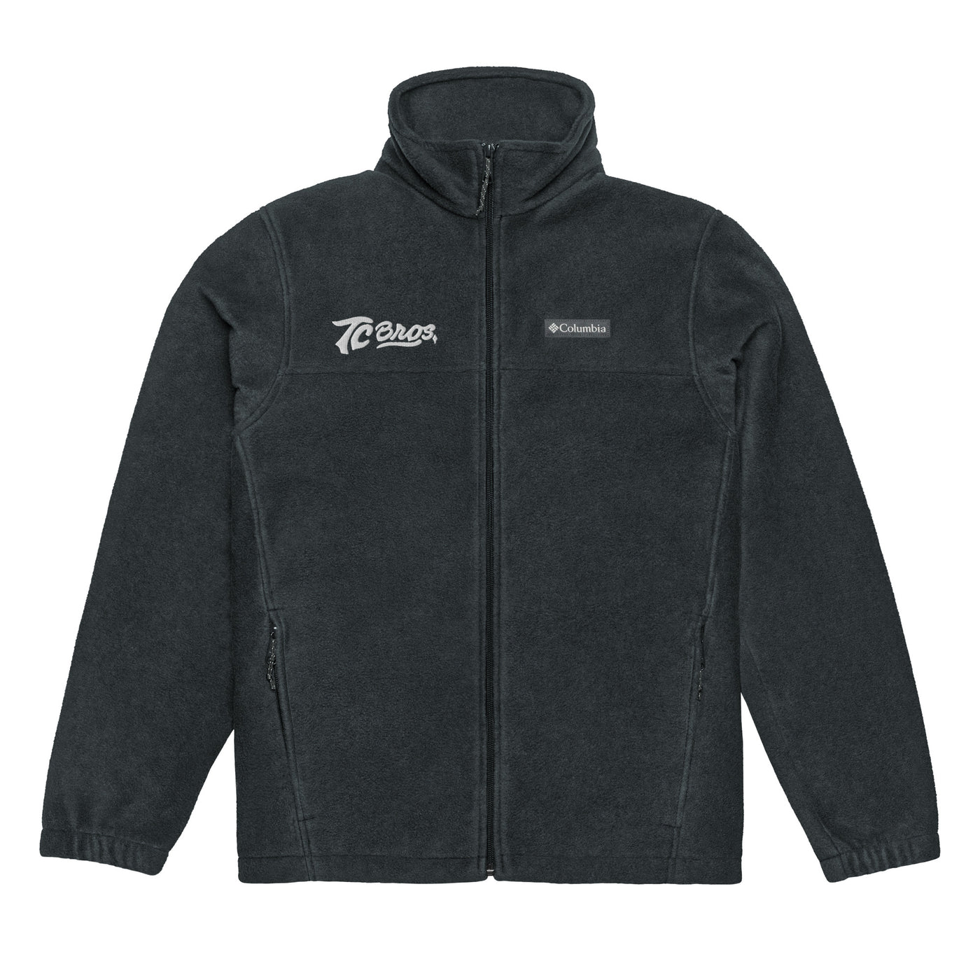 TC Bros. fleece zip jacket - Black with a high collar and zippered front, featuring white embroidered logos on the left chest.