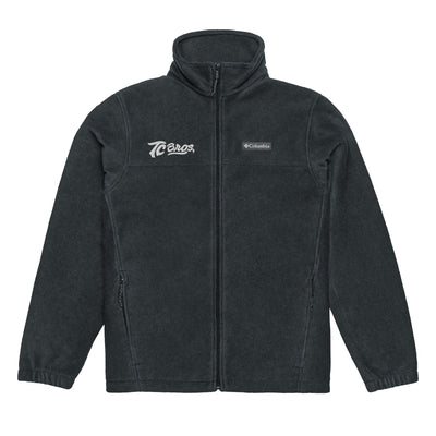 TC Bros. fleece zip jacket - Black with a high collar and zippered front, featuring white embroidered logos on the left chest.