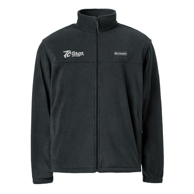 TC Bros. fleece zip jacket - Black with a high collar and zippered front, featuring white embroidered logos on the left chest.