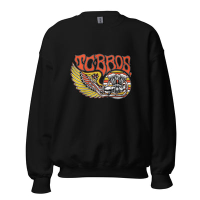 Wing Crewneck Sweatshirt - Black from TC Bros. with a motorcycle-themed graphic design featuring the text "turbos" and an illustration of a winged motorcycle engine. This classic fit sweater ensures warmth and style, printed on demand for