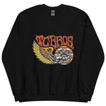 Wing Crewneck Sweatshirt - Black from TC Bros. with a motorcycle-themed graphic design featuring the text "turbos" and an illustration of a winged motorcycle engine. This classic fit sweater ensures warmth and style, printed on demand for