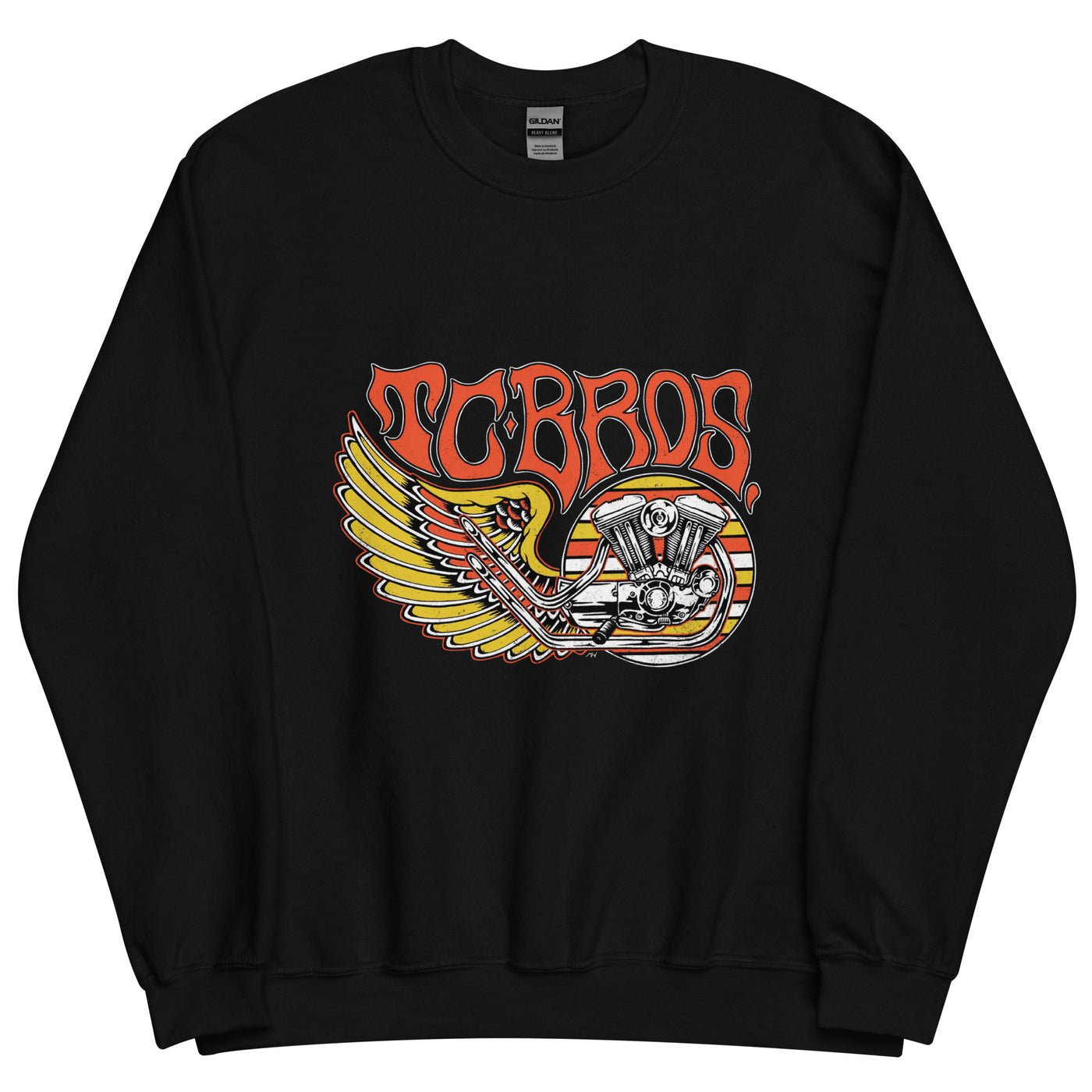 Wing Crewneck Sweatshirt - Black from TC Bros. with a motorcycle-themed graphic design featuring the text "turbos" and an illustration of a winged motorcycle engine. This classic fit sweater ensures warmth and style, printed on demand for