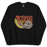 Wing Crewneck Sweatshirt - Black from TC Bros. with a motorcycle-themed graphic design featuring the text "turbos" and an illustration of a winged motorcycle engine. This classic fit sweater ensures warmth and style, printed on demand for
