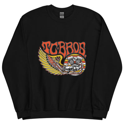 Wing Crewneck Sweatshirt - Black from TC Bros. with a motorcycle-themed graphic design featuring the text "turbos" and an illustration of a winged motorcycle engine. This classic fit sweater ensures warmth and style, printed on demand for