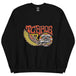 Wing Crewneck Sweatshirt - Black from TC Bros. with a motorcycle-themed graphic design featuring the text "turbos" and an illustration of a winged motorcycle engine. This classic fit sweater ensures warmth and style, printed on demand for