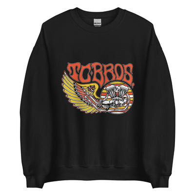 Wing Crewneck Sweatshirt - Black from TC Bros. with a motorcycle-themed graphic design featuring the text "turbos" and an illustration of a winged motorcycle engine. This classic fit sweater ensures warmth and style, printed on demand for