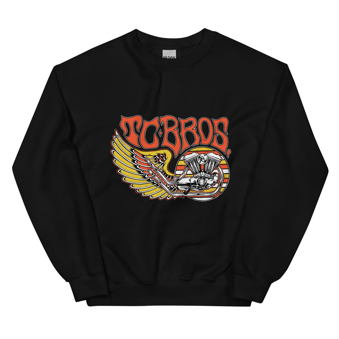 Wing Crewneck Sweatshirt - Black from TC Bros. with a motorcycle-themed graphic design featuring the text "turbos" and an illustration of a winged motorcycle engine. This classic fit sweater ensures warmth and style, printed on demand for