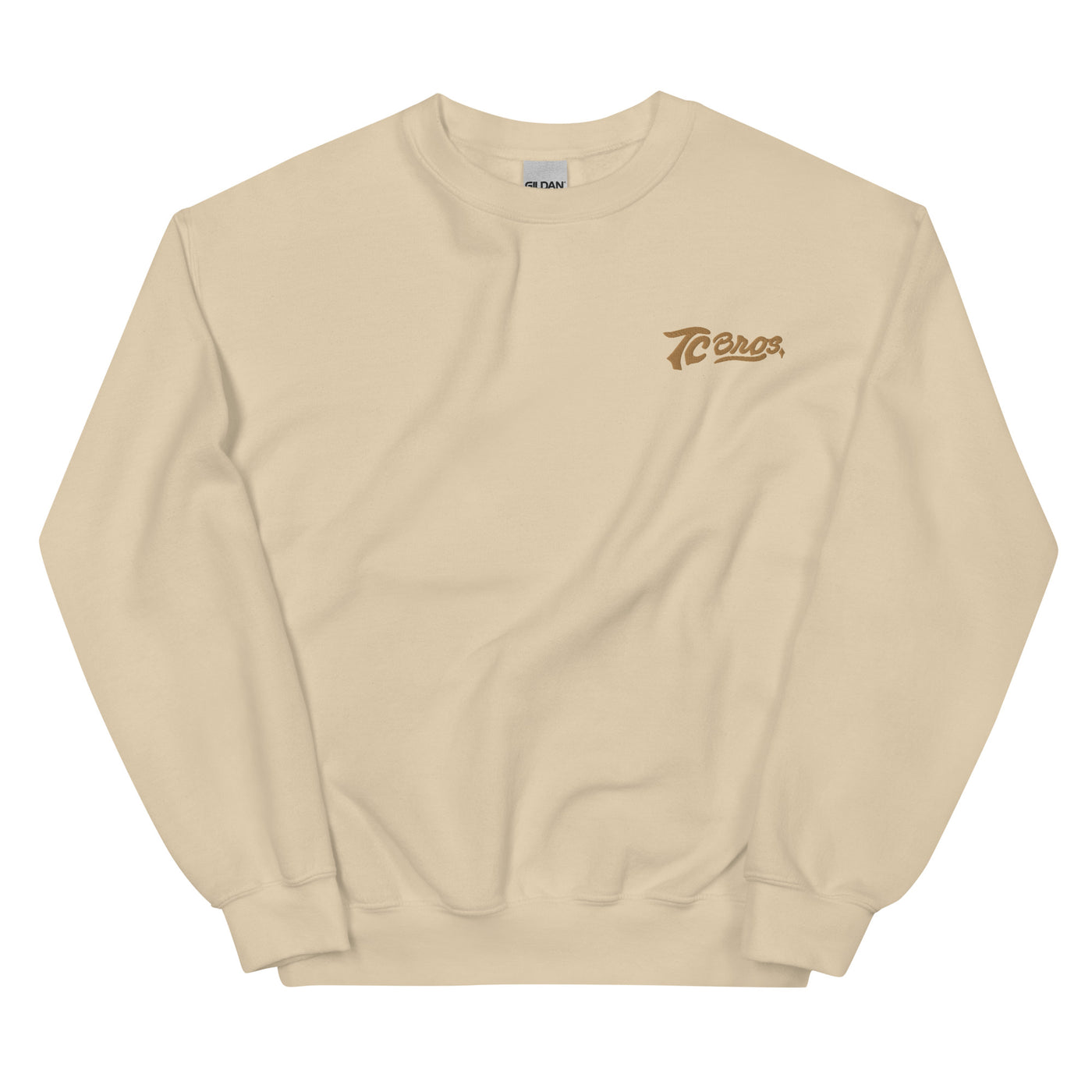 Sand, warm sweatshirt with "TC Bros." logo embroidered on the left chest area.