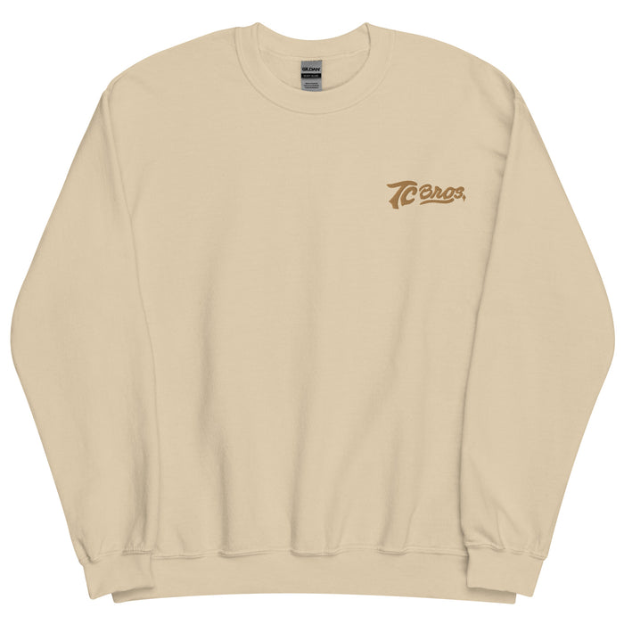 Sand, warm sweatshirt with "TC Bros." logo embroidered on the left chest area.