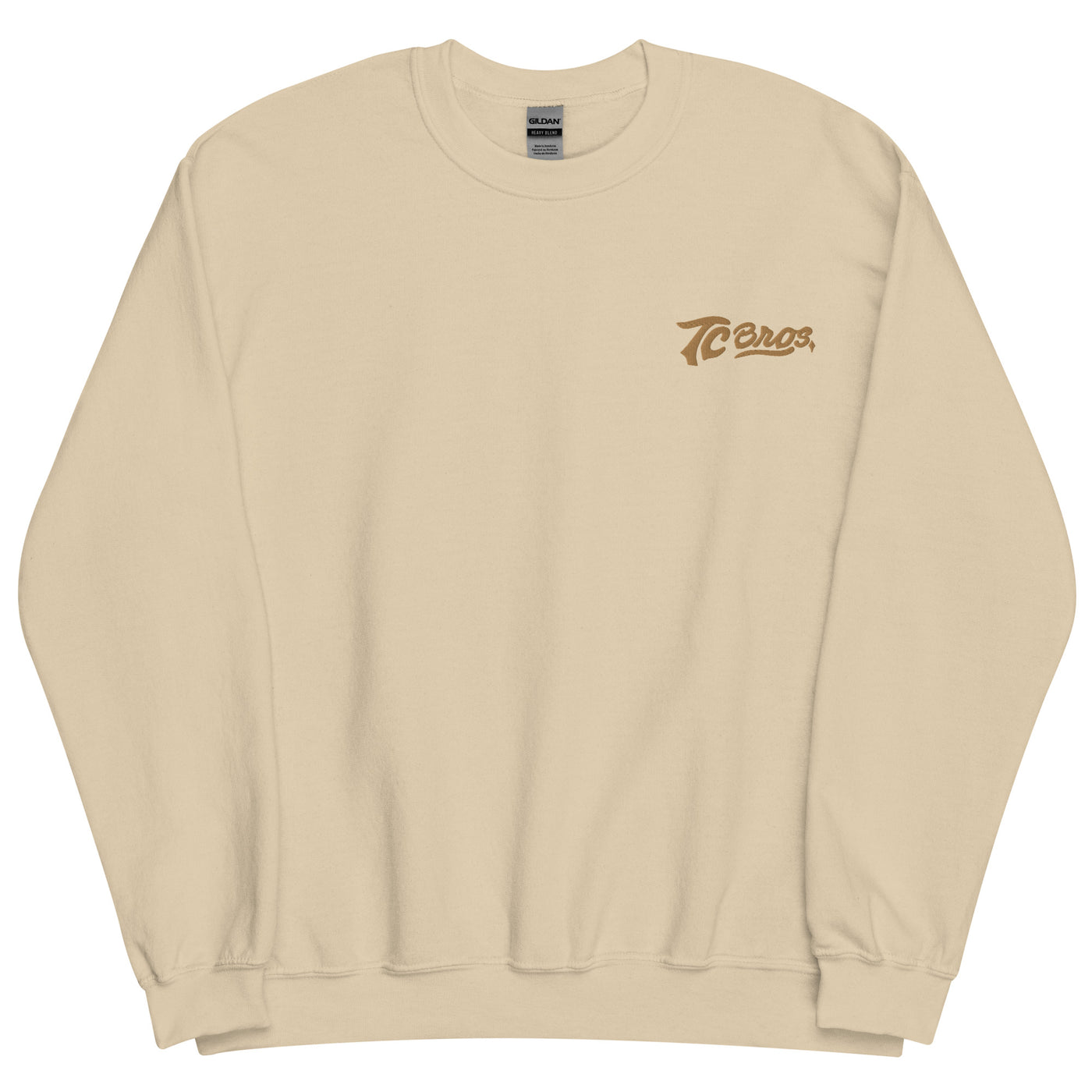 Sand, warm sweatshirt with "TC Bros." logo embroidered on the left chest area.