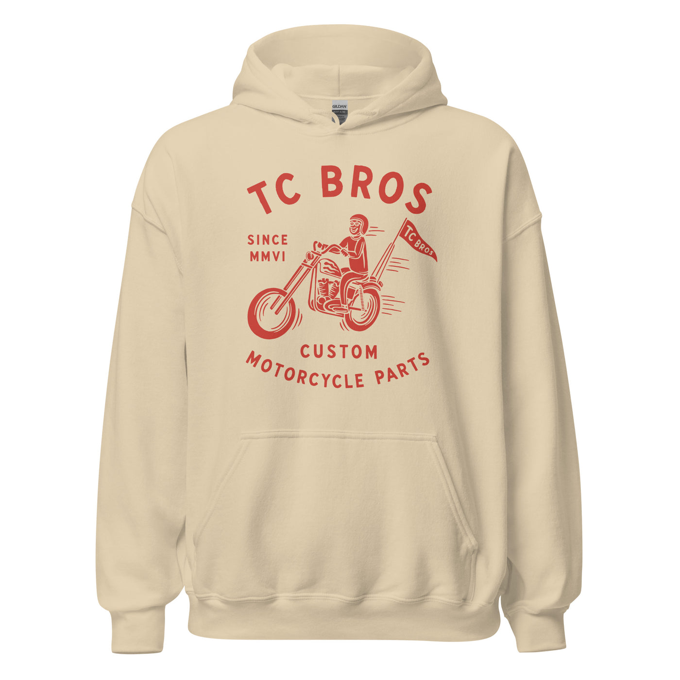 Beige Rider Hoodie - Sand featuring a red graphic of a motorcycle and text advertising TC Bros. custom motorcycle parts, printed on demand.