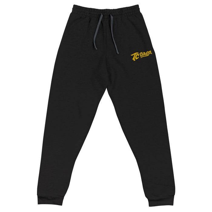 Black Script Joggers with a yellow "tezos" logo on the left thigh, printed on demand by TC Bros.