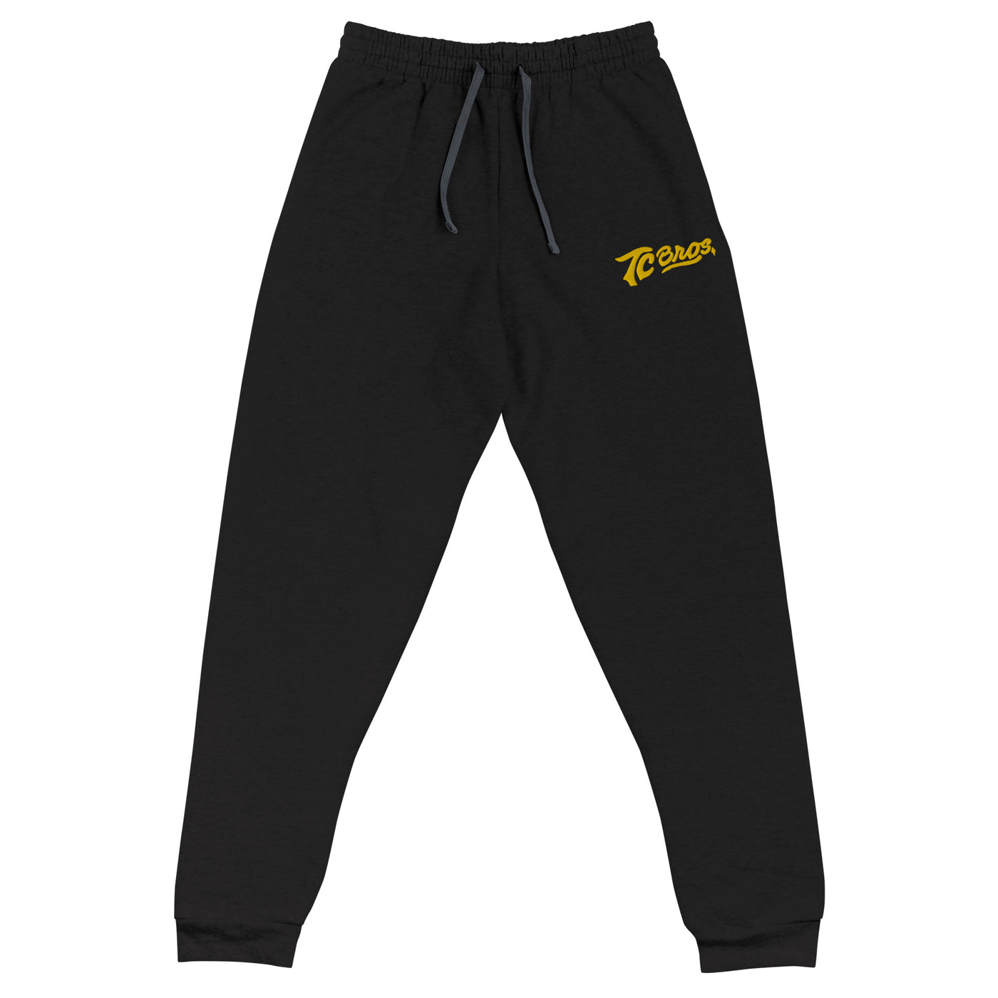 Black Script Joggers with a yellow "tezos" logo on the left thigh, printed on demand by TC Bros.