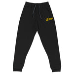 Black Script Joggers with a yellow "tezos" logo on the left thigh, printed on demand by TC Bros.