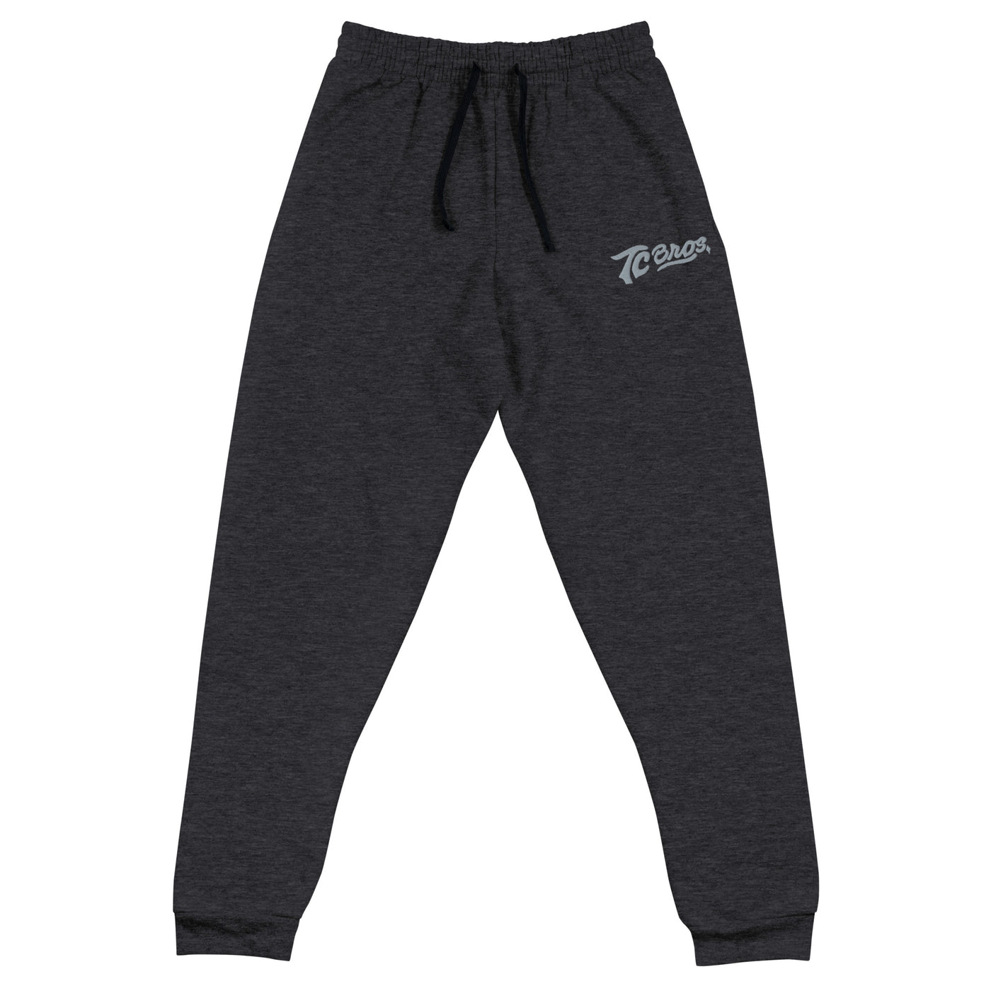 Dark gray Script Joggers with a drawstring and cuffed ankles, featuring a logo on the left thigh, made from cotton polyester fleece by TC Bros.