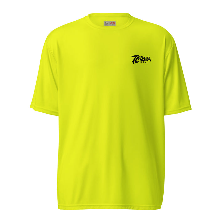 Bright yellow Script - High Vis Yellow Tee with a small black logo on the left chest area, featuring UPF44+ protection and moisture-wicking fabric by TC Bros.