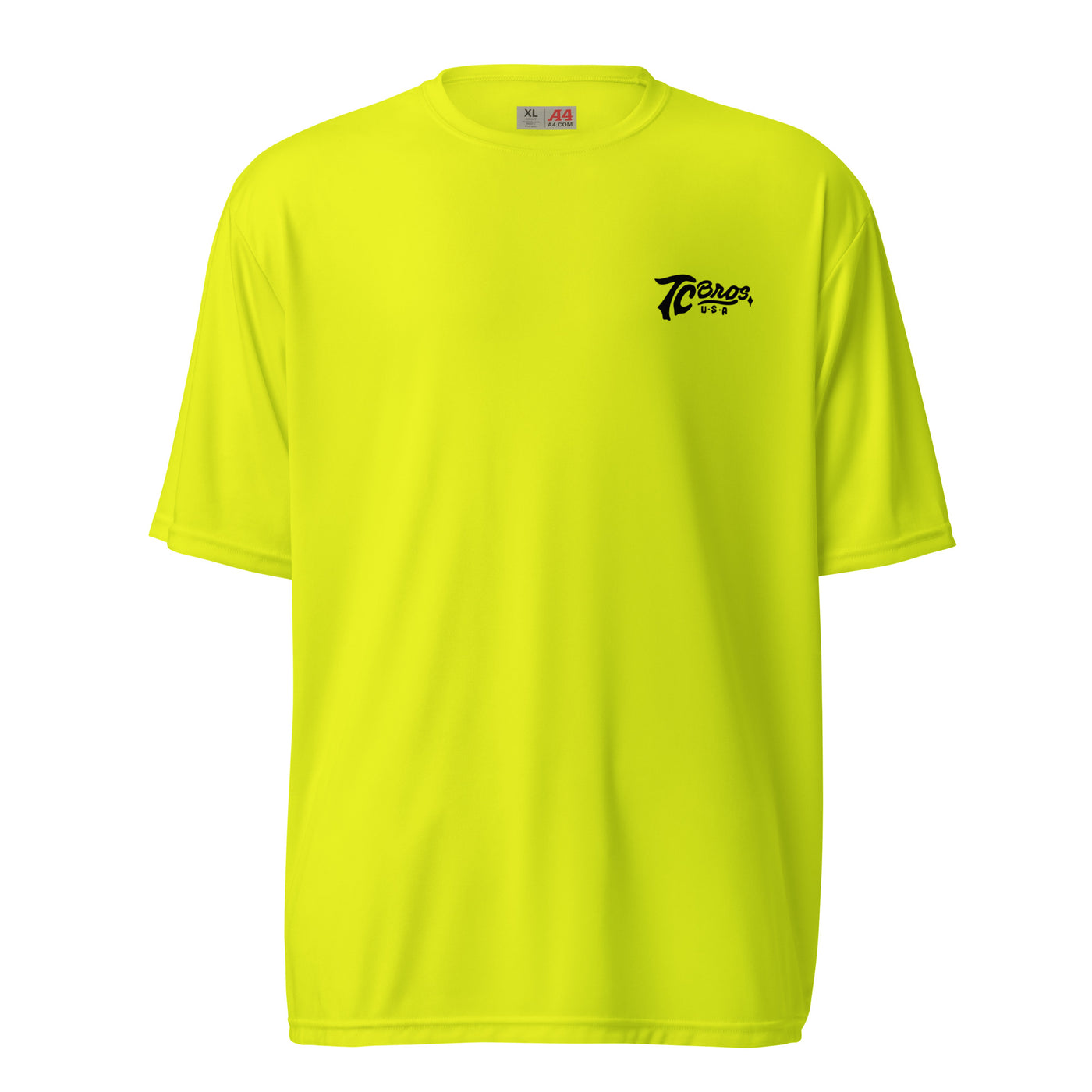 Bright yellow Script - High Vis Yellow Tee with a small black logo on the left chest area, featuring UPF44+ protection and moisture-wicking fabric by TC Bros.