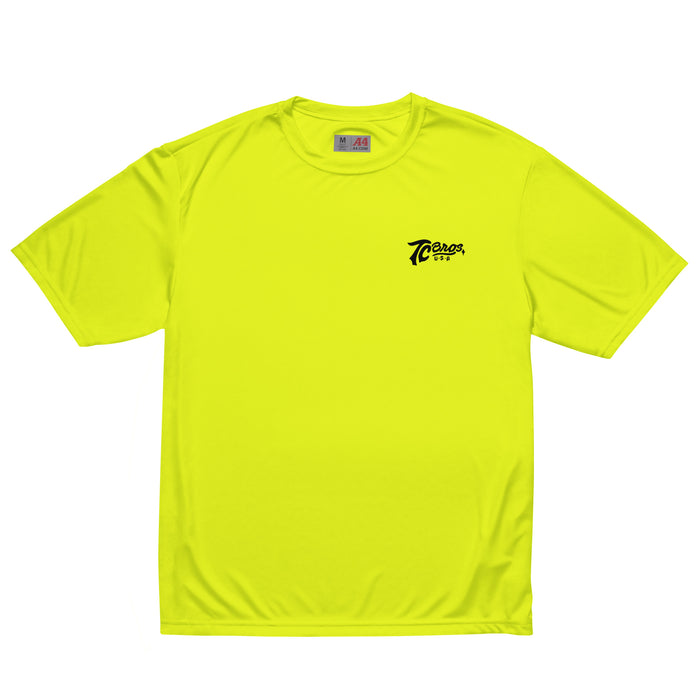 Bright yellow Script - High Vis Yellow Tee with a small black logo on the left chest area, featuring UPF44+ protection and moisture-wicking fabric by TC Bros.