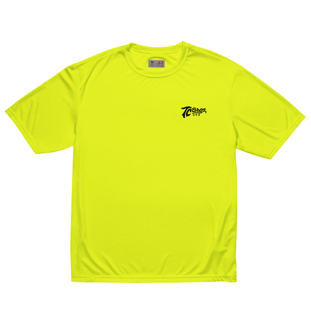 Bright yellow Script - High Vis Yellow Tee with a small black logo on the left chest area, featuring UPF44+ protection and moisture-wicking fabric by TC Bros.