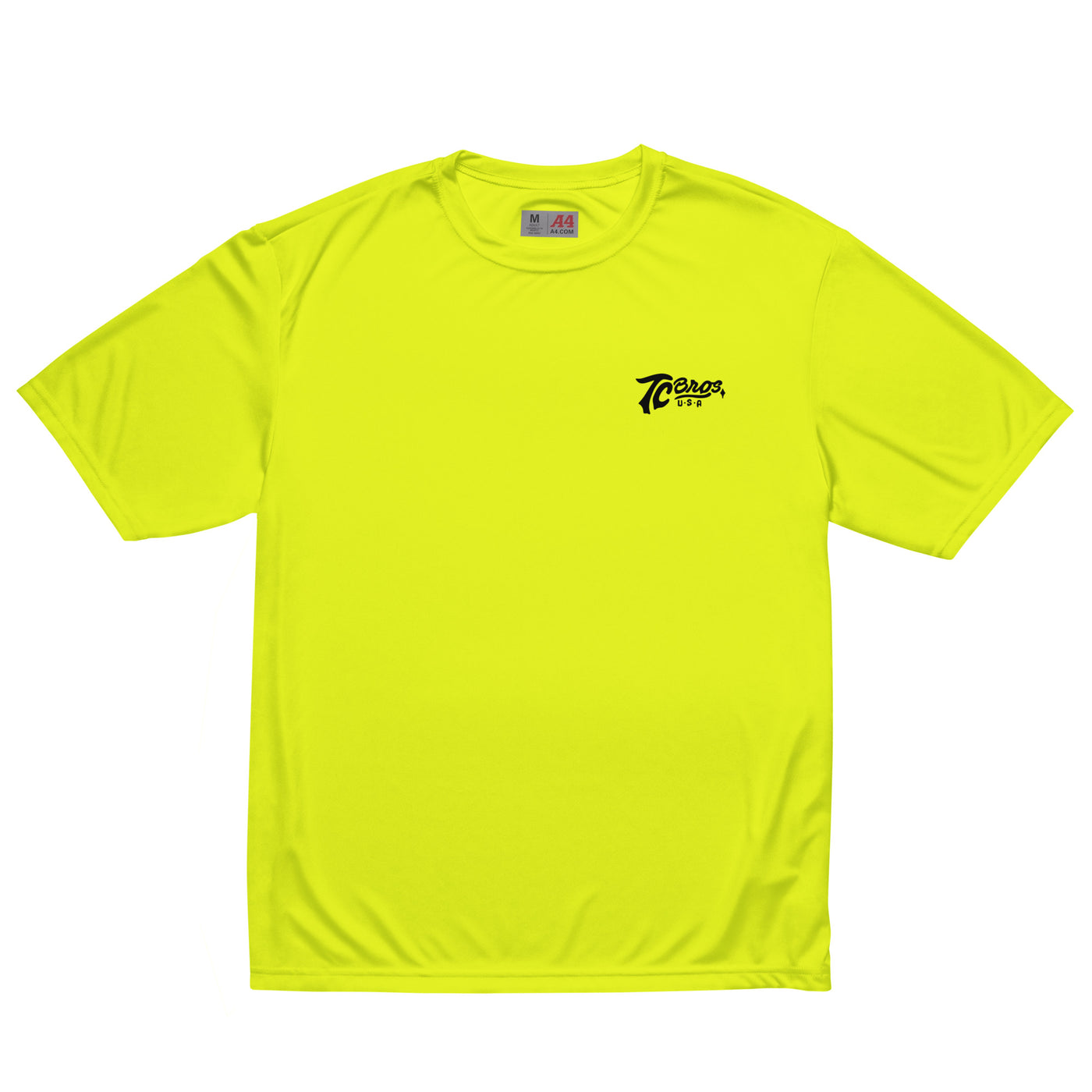 Bright yellow Script - High Vis Yellow Tee with a small black logo on the left chest area, featuring UPF44+ protection and moisture-wicking fabric by TC Bros.