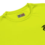 Bright yellow Script - High Vis Yellow Tee with a small black logo on the left chest area, featuring UPF44+ protection and moisture-wicking fabric by TC Bros.